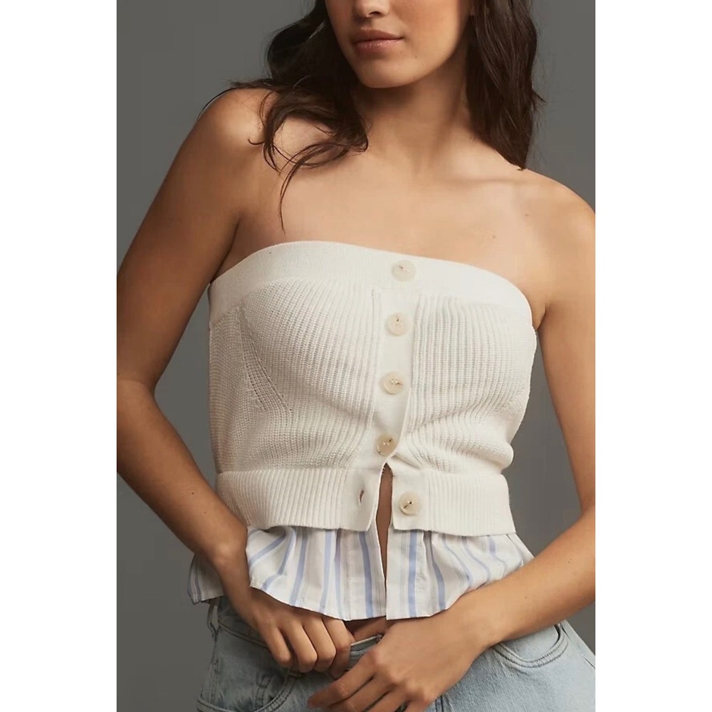 Anthropologie strapless twofer tube top cable knit stripe‎ hem blouse buttondown